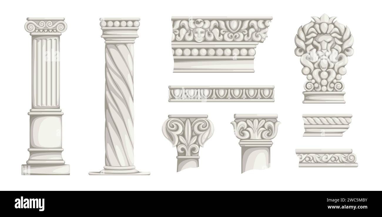 Greek columns. Ancient Roman architecture decorative elements. Antiqua Corinthian pillars or