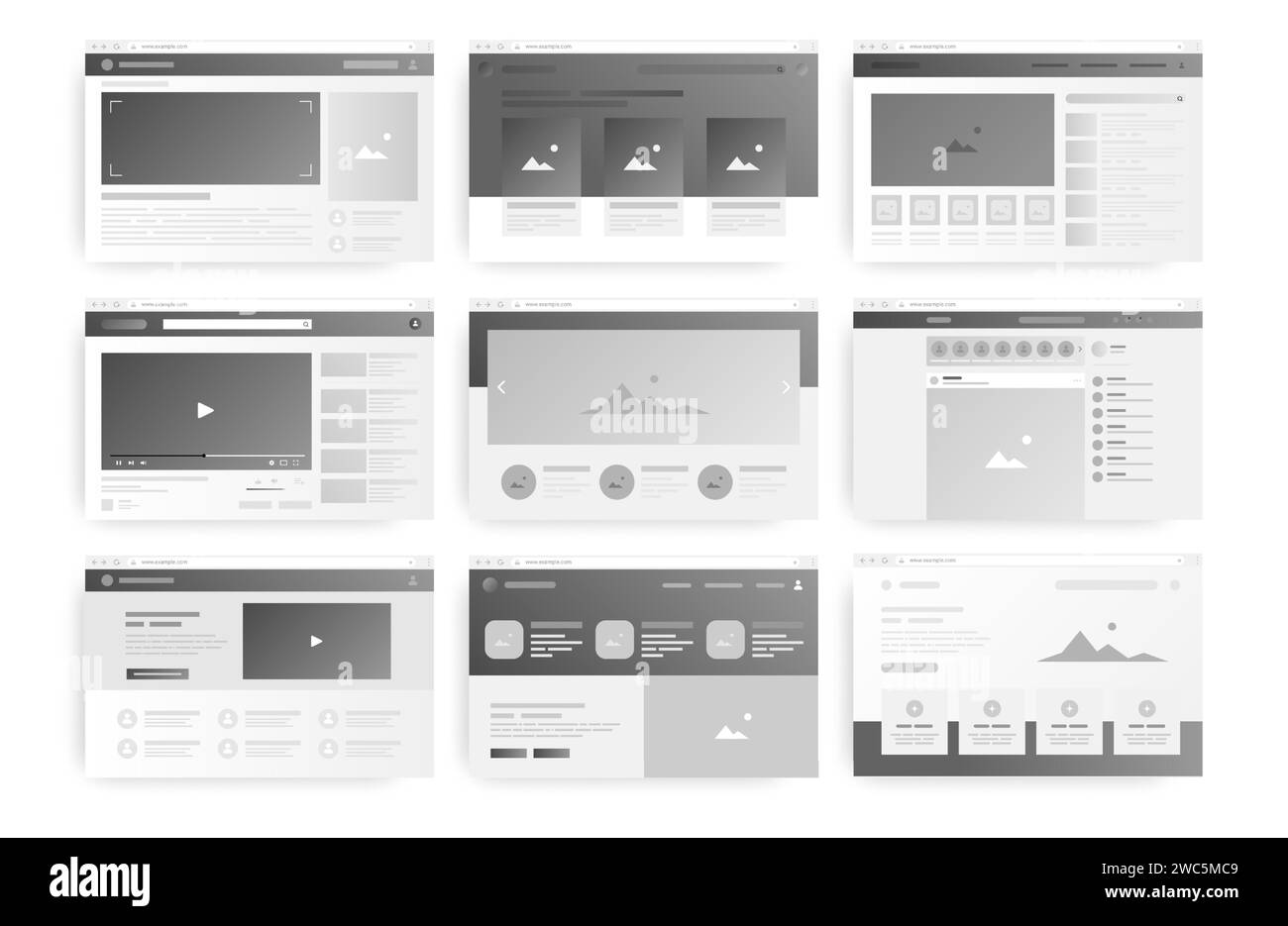  page layout. site wireframe windows. Monochrome interfaces design with blank frames