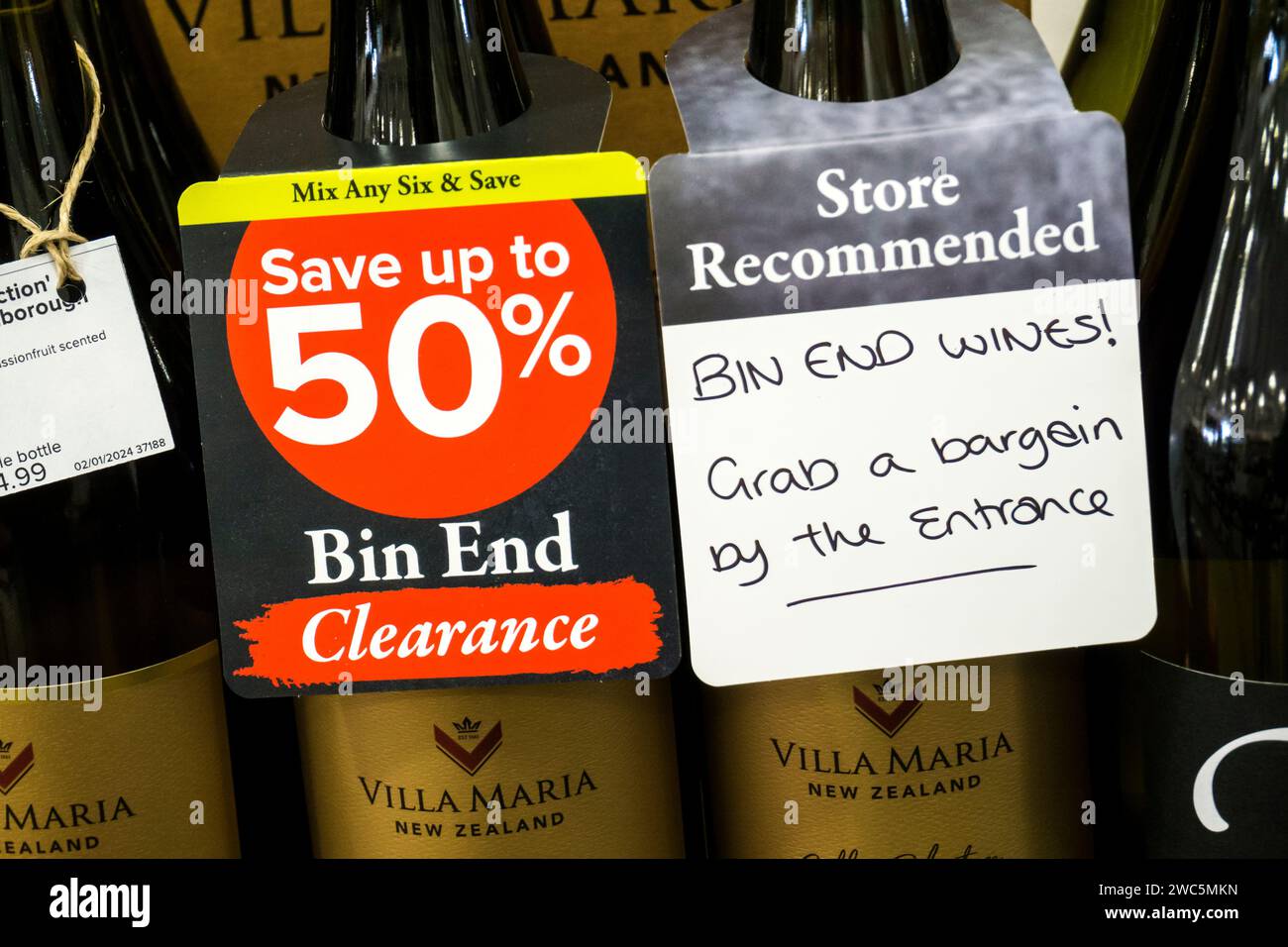 Signs advertising bin ends in a Majestic Wine off-licence. Stock Photo