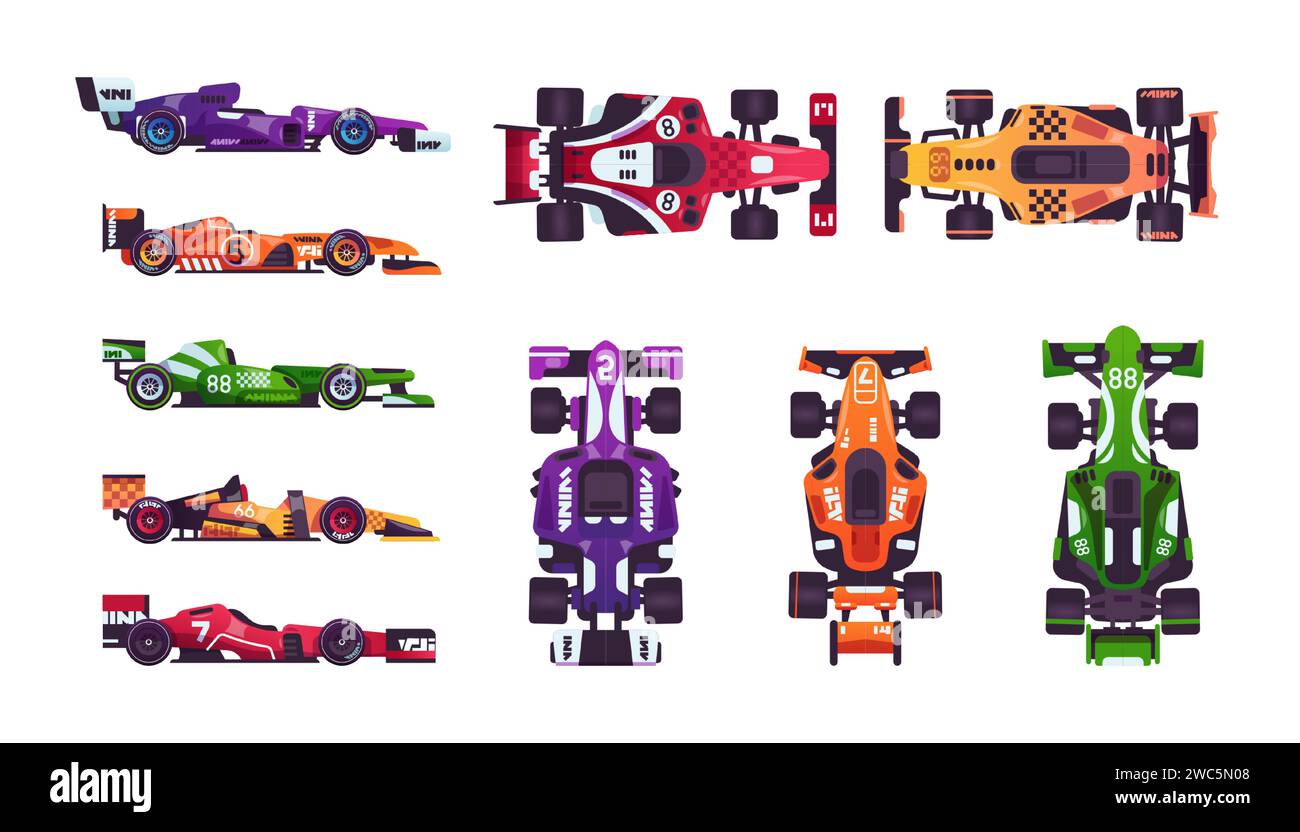 Formula race cars. Cartoon fast automobiles. Top and side view of colorful vehicles for sport championships. Isolated toys for boys, auto models. High Stock Vector