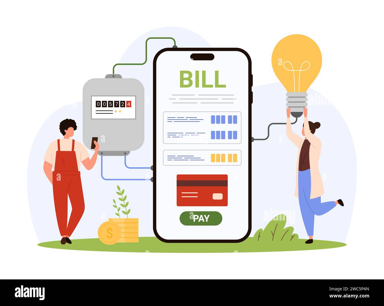 Pay for electricity using mobile application on phone. Tiny people