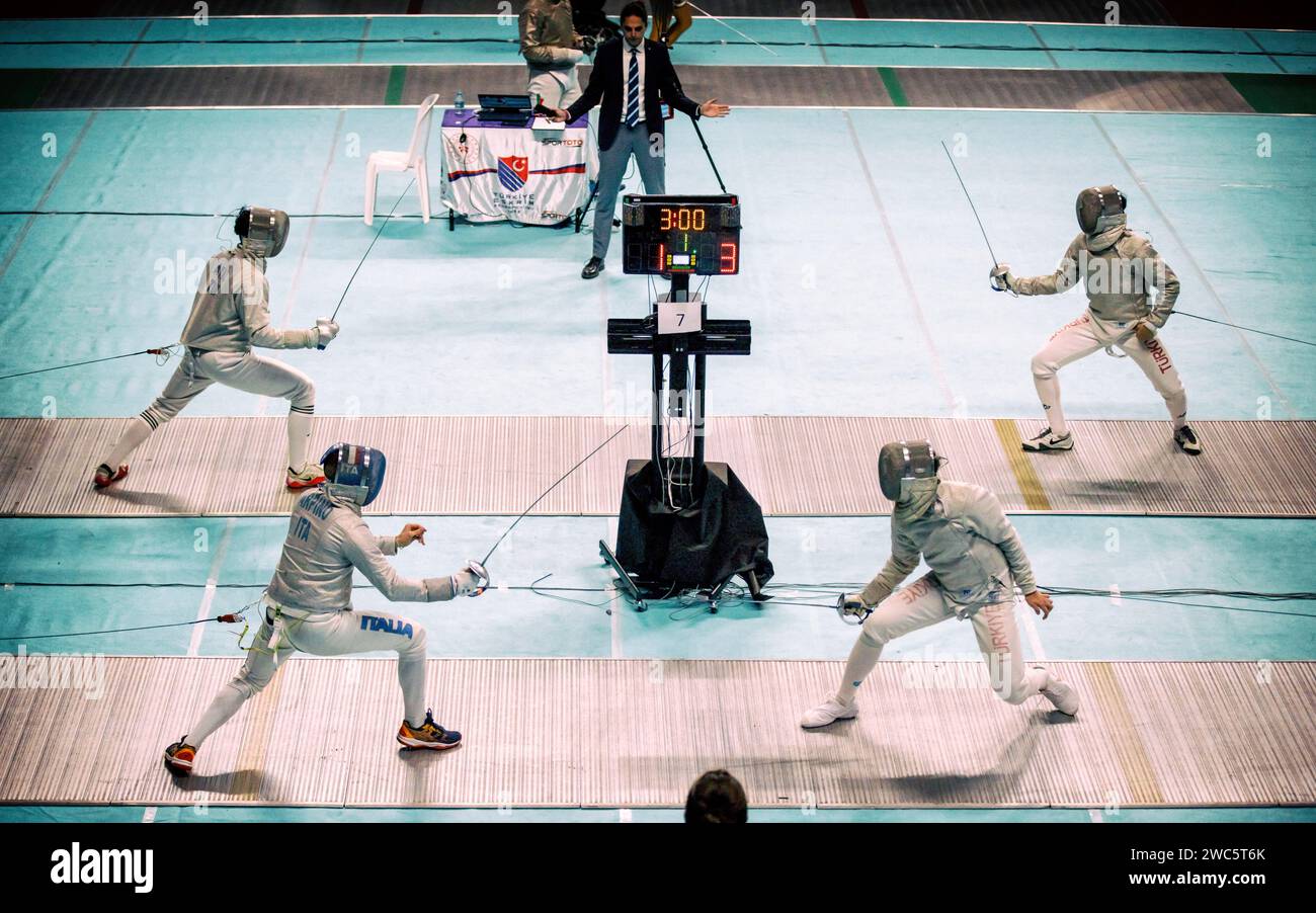 Fencers in action ,FIA Fencing Sabre World Satelite Istanbul, 21 October 2023 Stock Photo