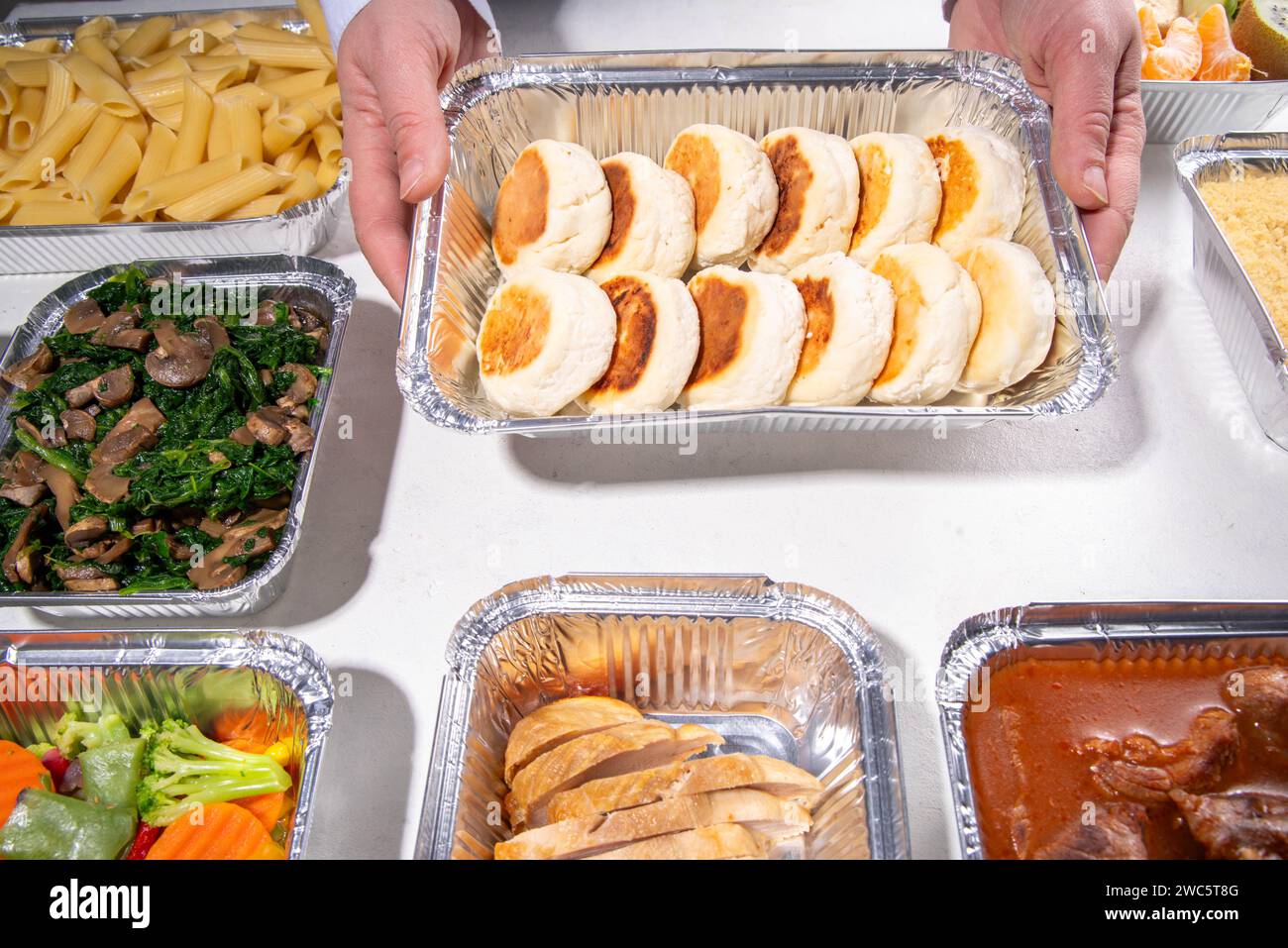 Batch Cooking Meal Prep concept. Several types of side dishes cereals, pasta, pasta, cooked and