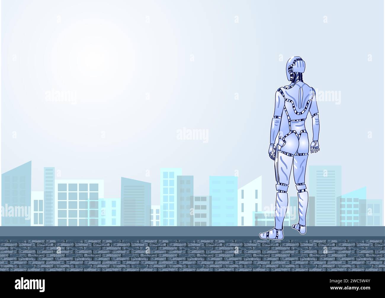 Robot standing on wall looking at skyline Stock Vector