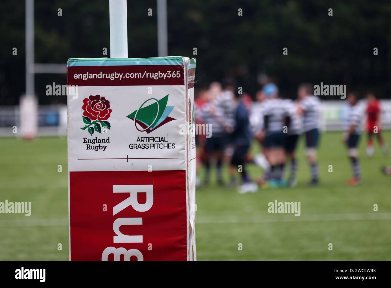 England Rugby and Artificial Pitches logos on flags and Goal Protectors at Havant Rugby Club in Hampshire, UK. Stock Photo