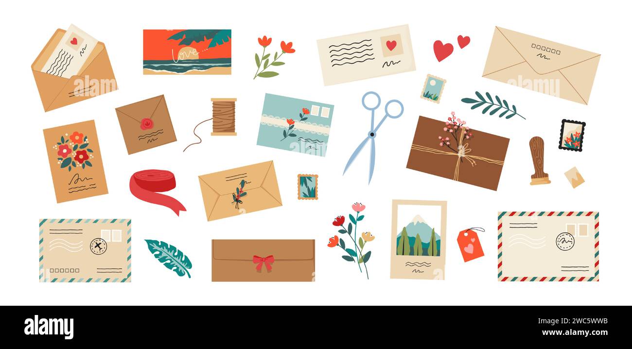 Envelope with letter. Cartoon mail postcards with postage stamps and