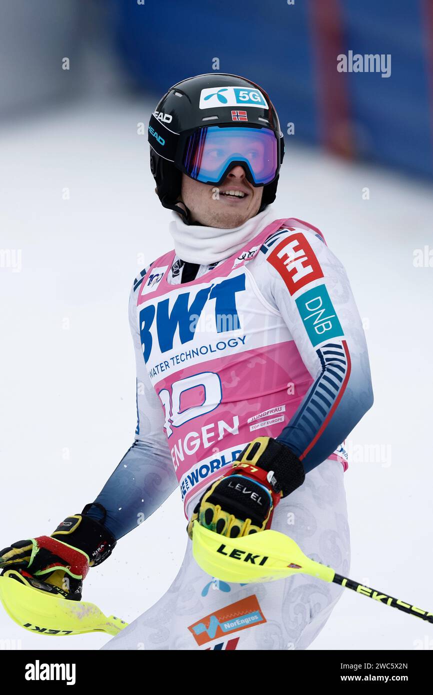 Norway's Atle Lie McGrath reacts after completing an alpine ski, men's ...