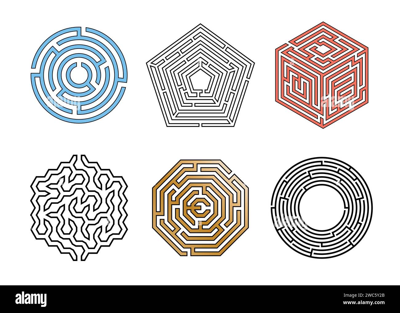 Maze game. Way out puzzle. Mental exercise. Isolated polygonal and round labyrinths. Kids