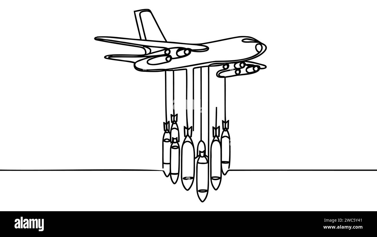 Army combat bomber plane. Military bomber with missiles. One continuous line vector illustration. Stock Vector