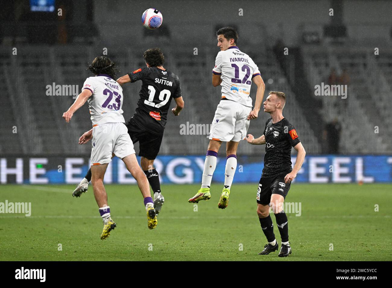 14th January 2024; CommBank Stadium, Sydney, NSW, Australia: A-League Football, Perth Glory versus Wellington Phoenix; Luke Ivanovic of Perth Glory wins the header from Sam Sutton of Wellington Phoenix Stock Photo