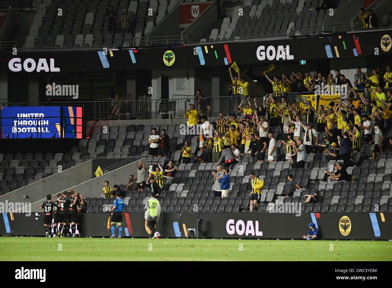14th January 2024; CommBank Stadium, Sydney, NSW, Australia: A-League Football, Perth Glory versus Wellington Phoenix; Alex Rufer of Wellington Phoenix celebrates in front of the crowd after scoring in the 45th minute to make it 2-1 Stock Photo