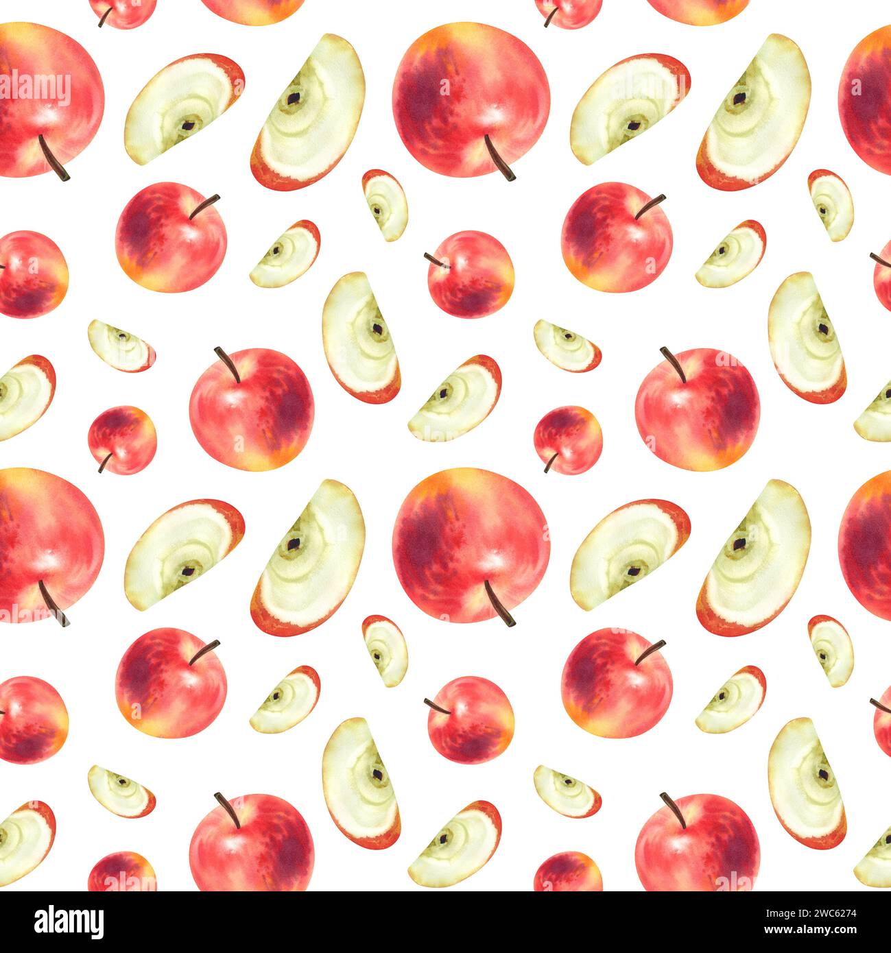 Watercolor seamless pattern with ripe, juicy, red apples. A fruit and ...