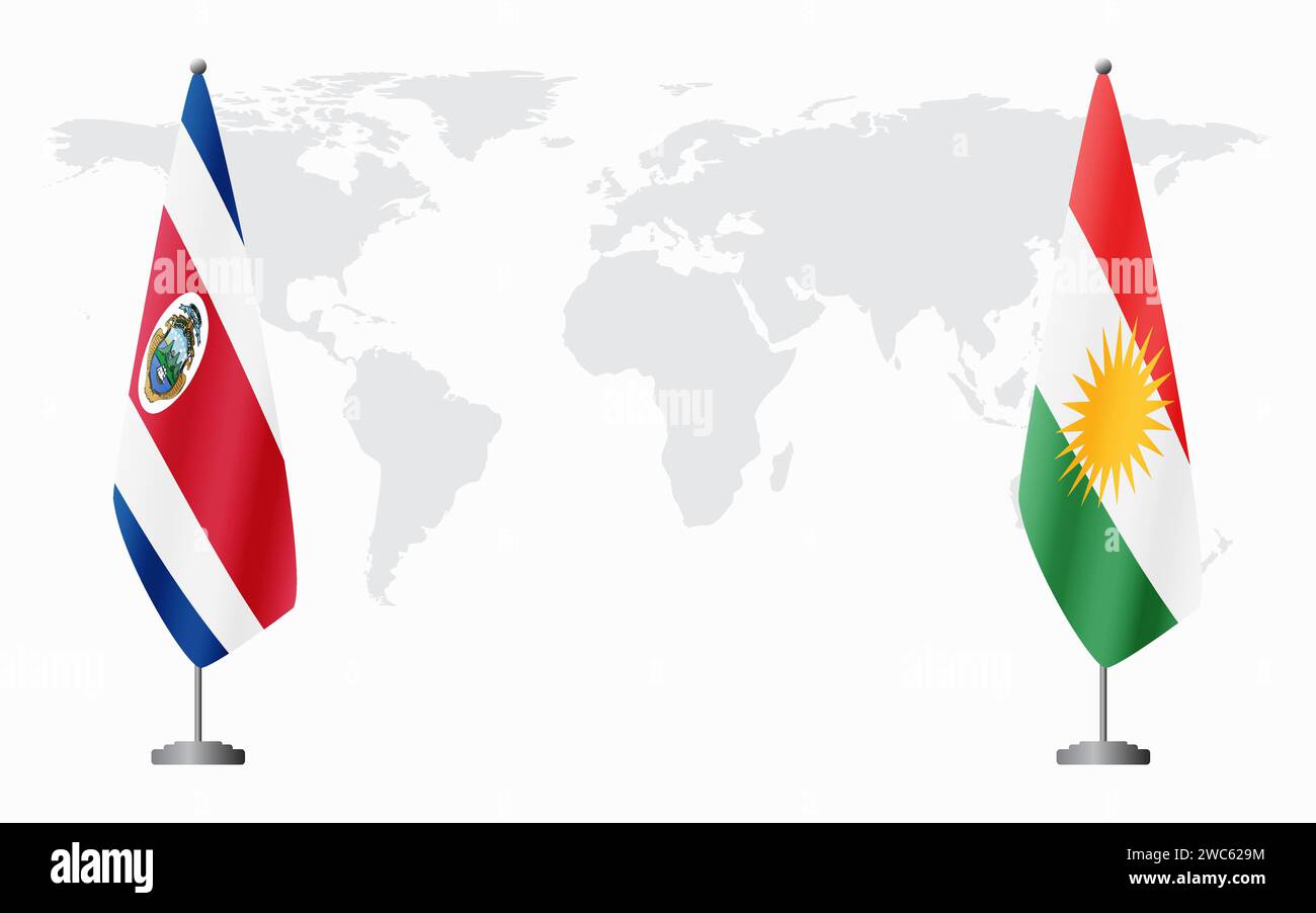 Costa Rica and Kurdistan flags for official meeting against background of world map. Stock Vector
