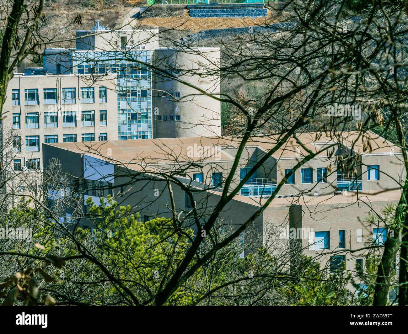 Modern buildings seen from the top of a ridge in a forest clearing on a ...