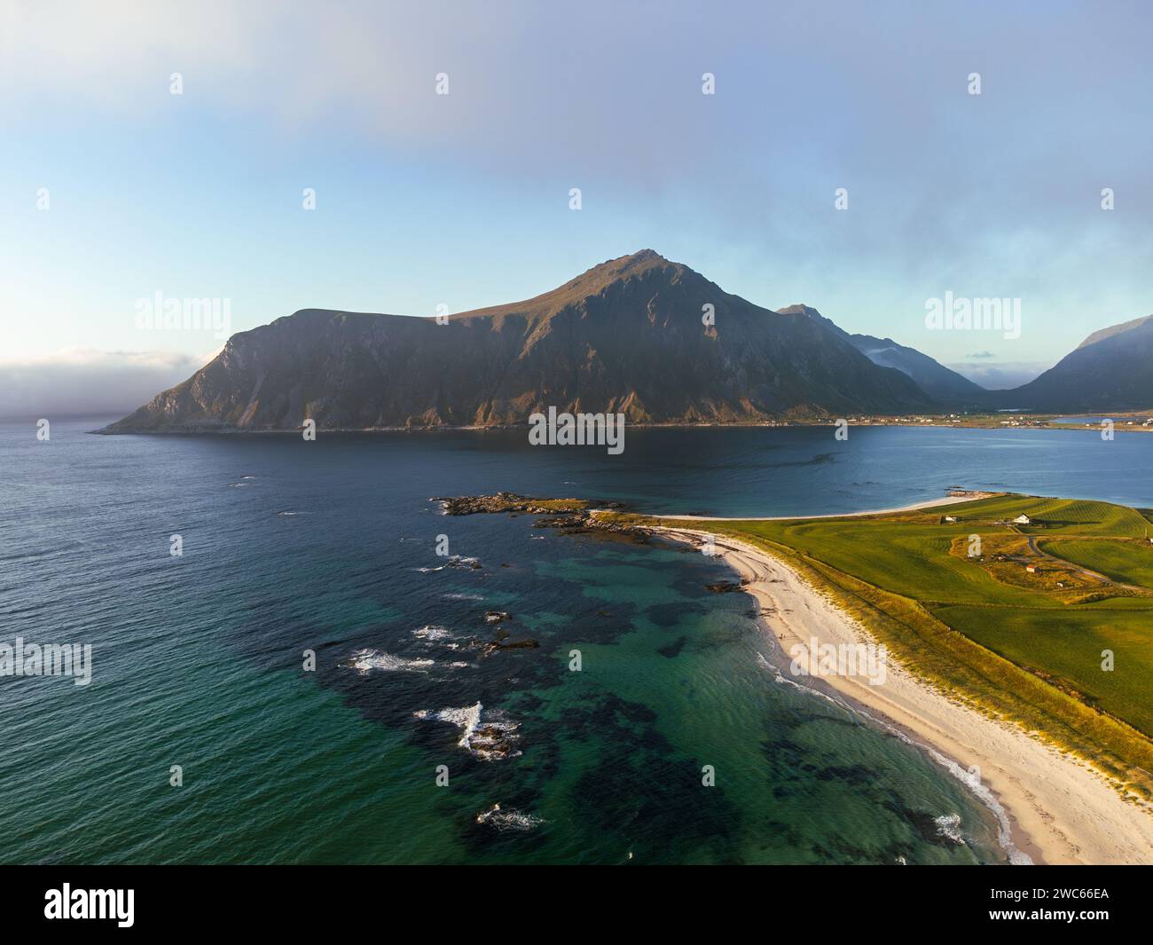 Aerial view of Lofoten at sunset, with spectacular mountains, deep