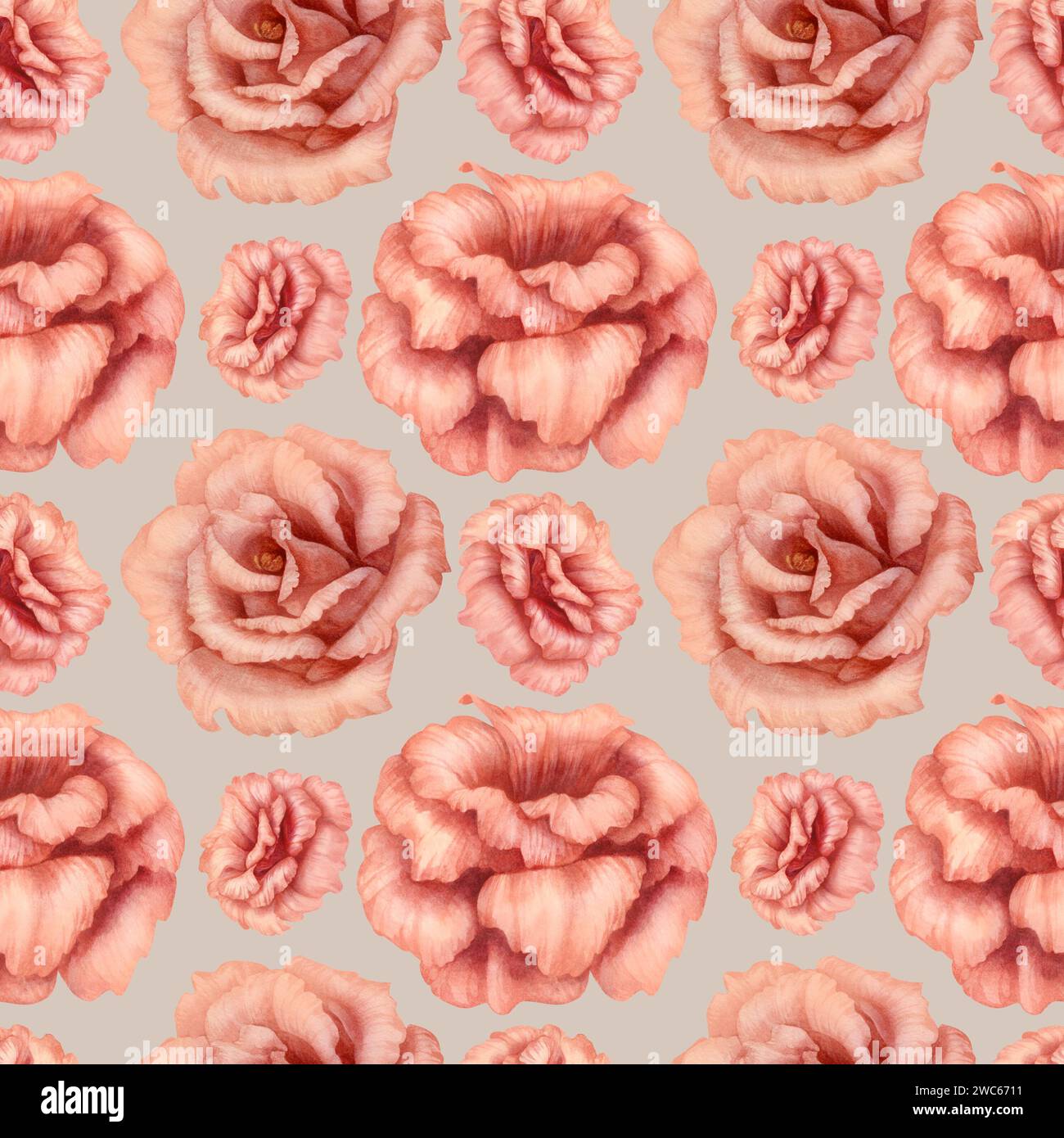 Watercolor pink seamless pattern with eustoma flowers, in trendy peach ...