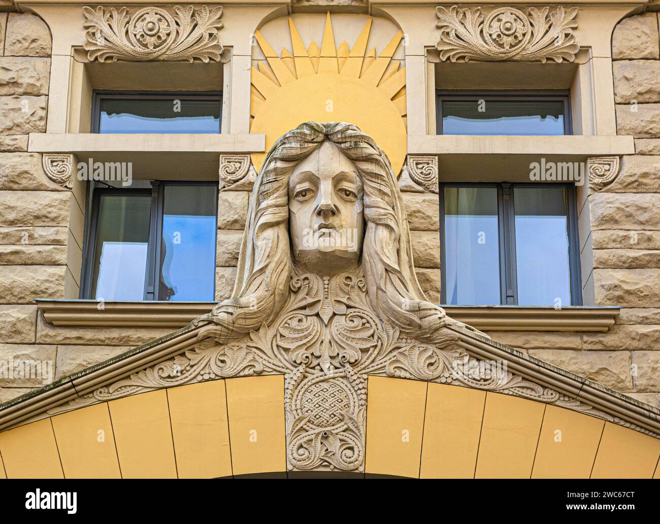 Riga, Latvia - 28 July  2023: Facade of Neiburgs Hotel Stock Photo