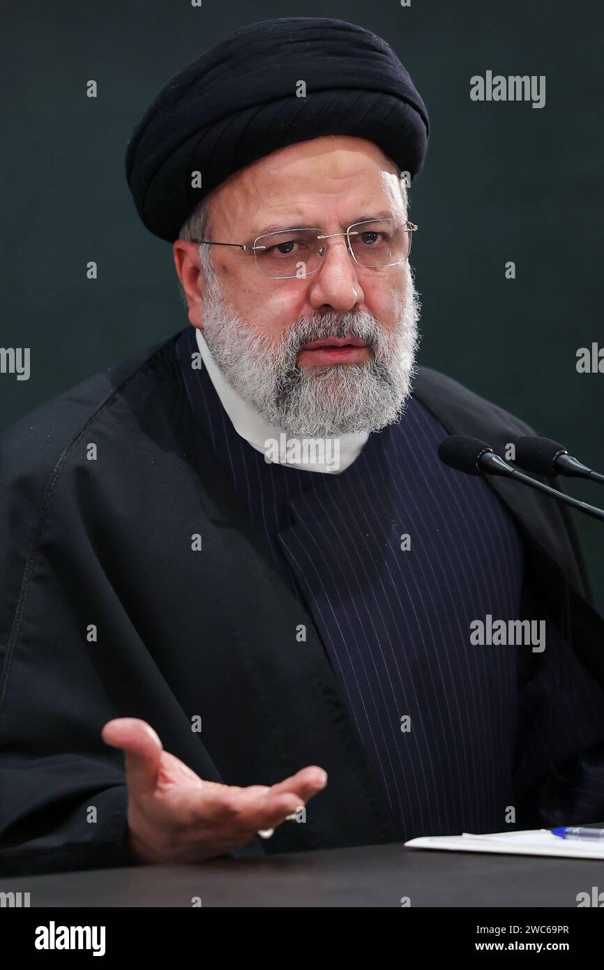 Tehran, Iran. 14th Jan, 2024. Iranian President EBRAHIM RAISI speaks at