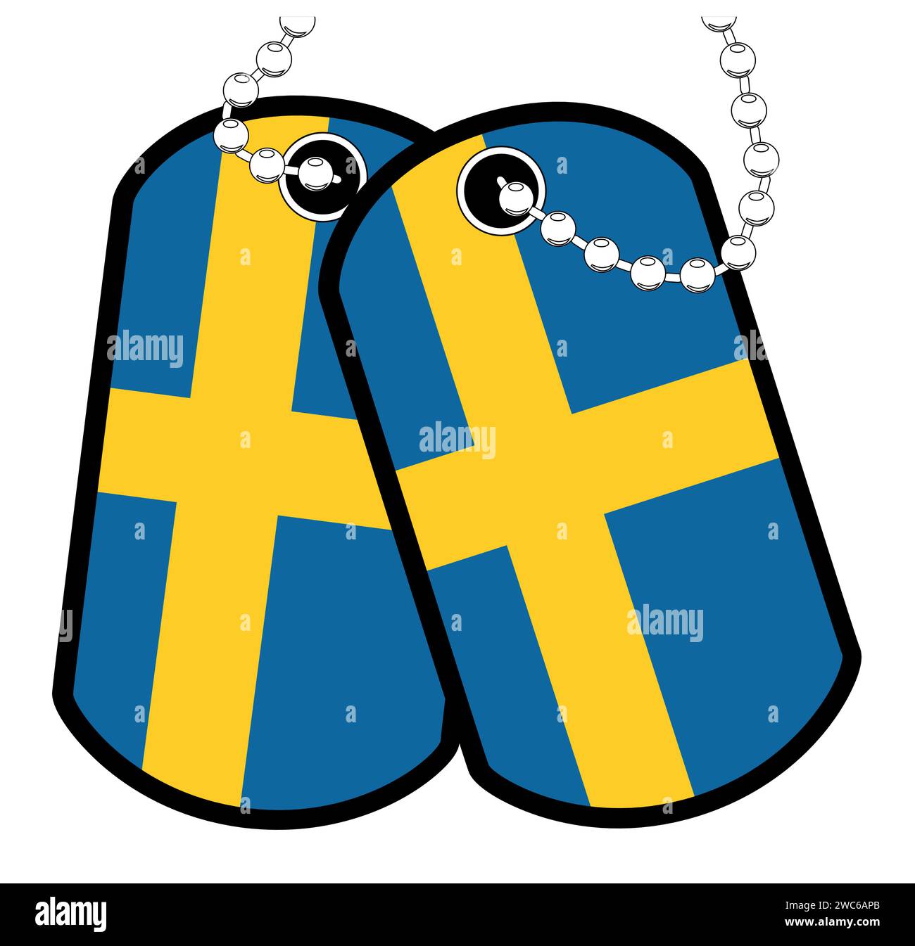 A pair of Swedish military dog tags with chain over a white background showing the Sweden national flag Stock Vector