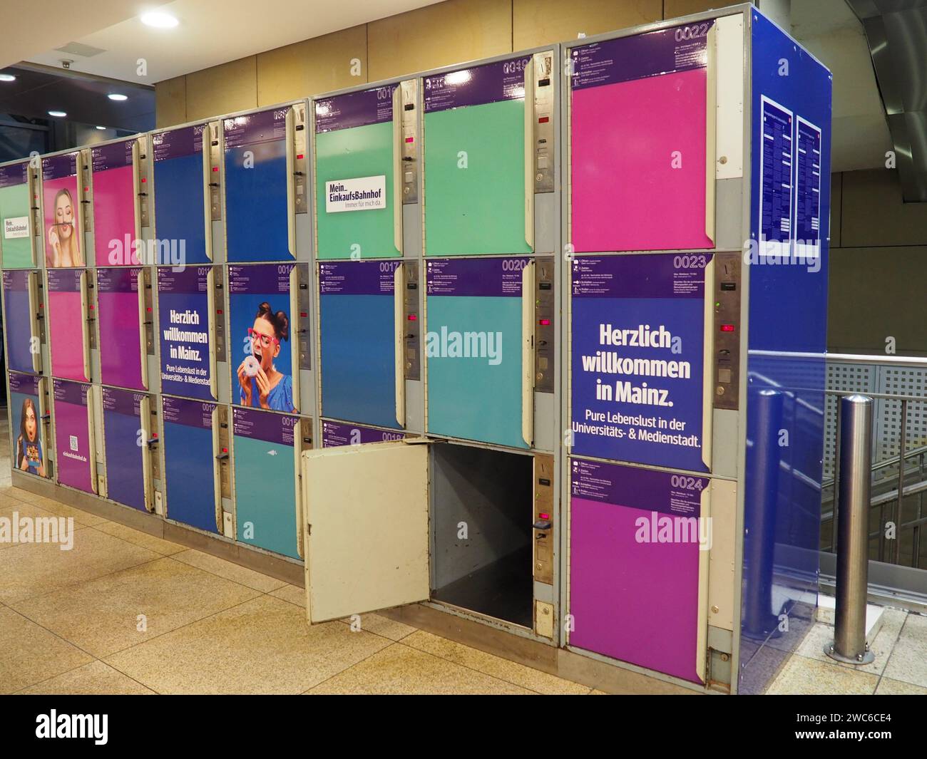 Colorful luggage locking system, lockers, train station, advertising ...