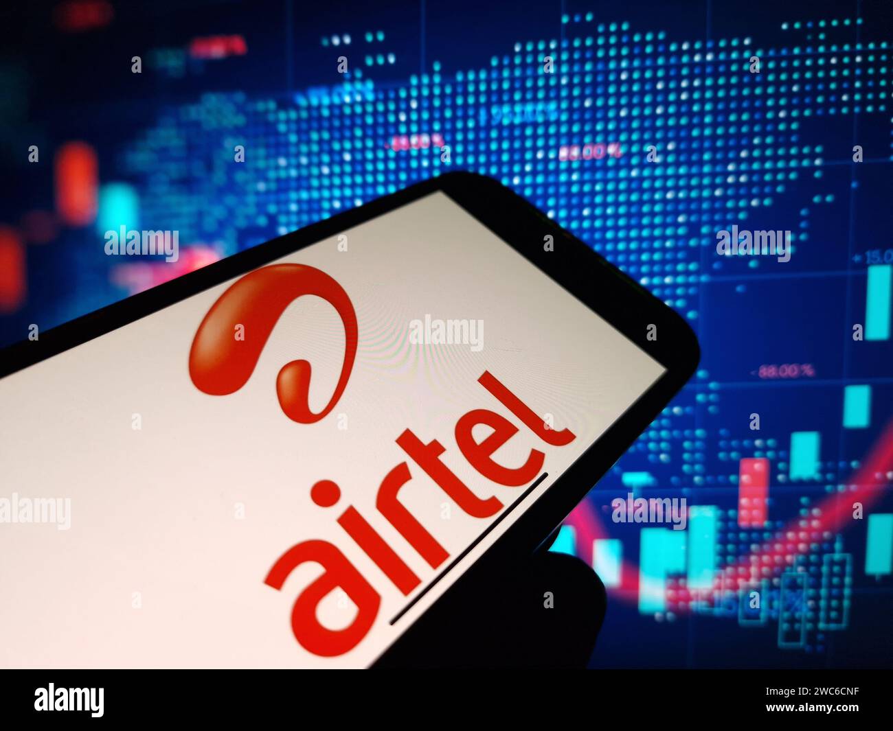 Konskie, Poland - January 13, 2024: Bharti Airtel company logo displayed on mobile phone screen Stock Photo
