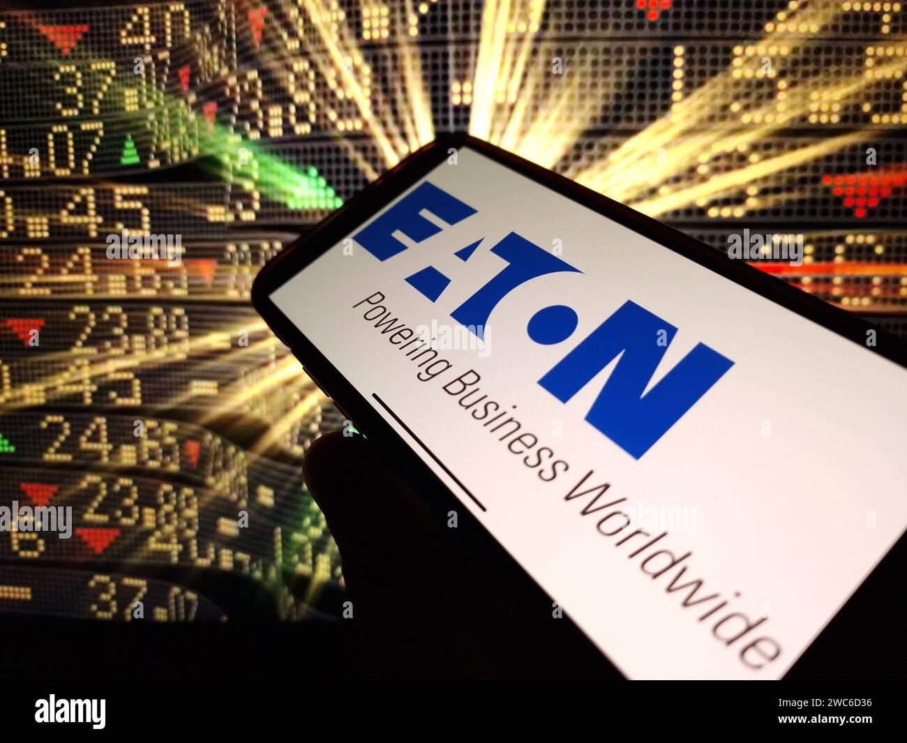 Konskie, Poland - January 13, 2024: Eaton Corporation plc company logo displayed on mobile phone screen Stock Photo