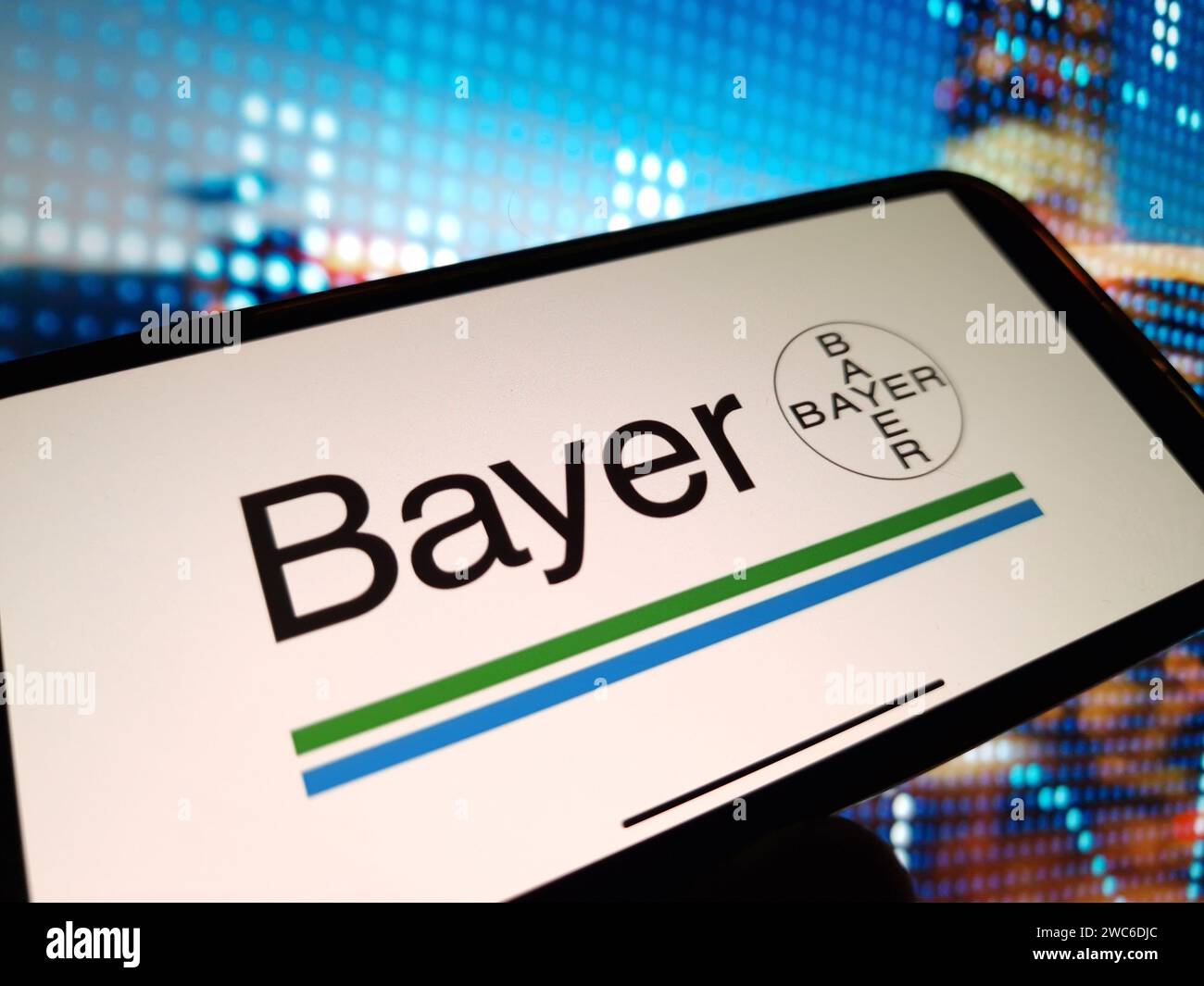 Konskie, Poland January 13, 2024 Bayer company logo displayed on mobile phone screen Stock