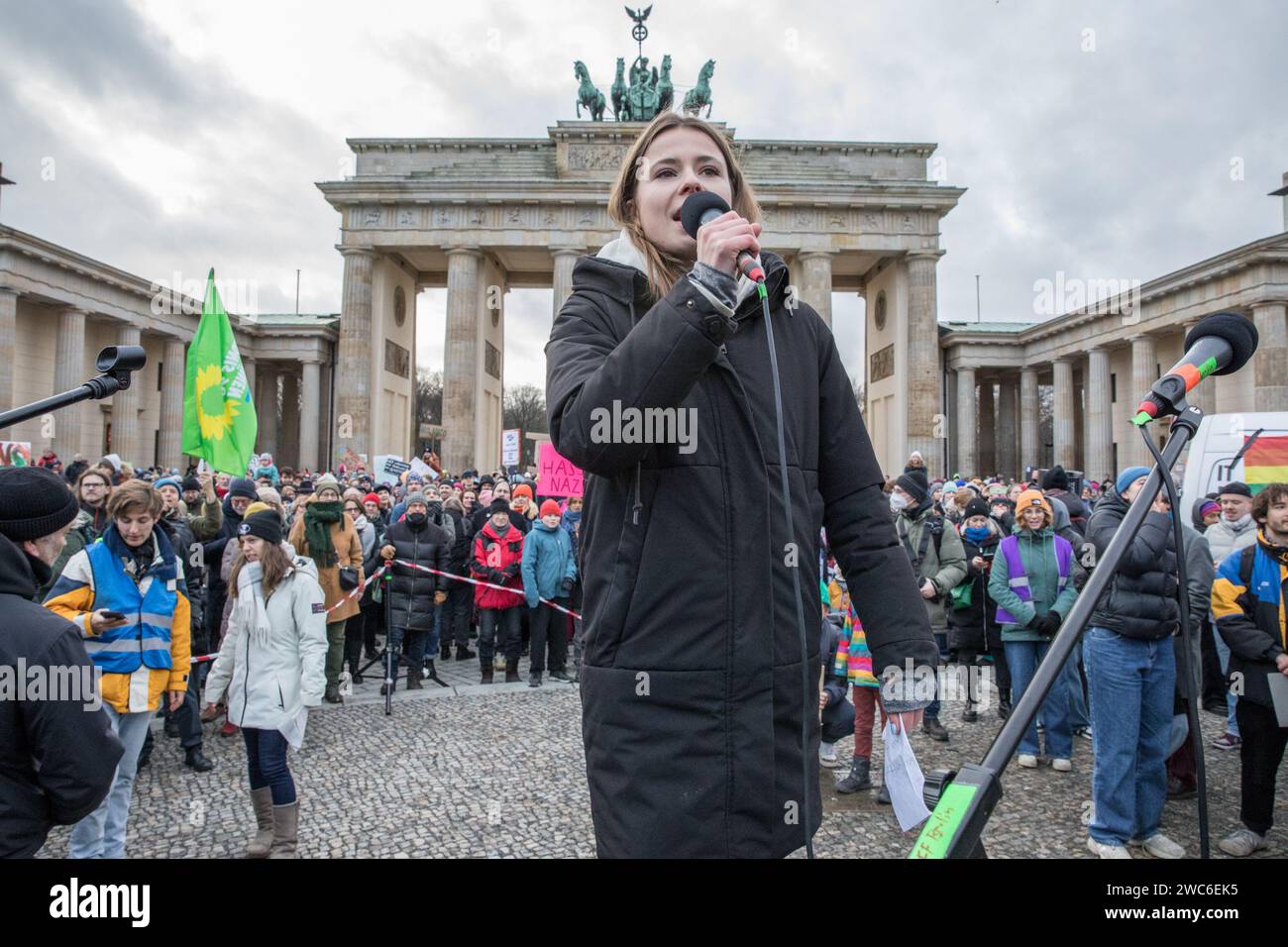 Berlin, Germany. 14th Jan, 2024. Luisa Neubauer delivered a speech at the protest. Neubauer, born on April 21, 1996, in Hamburg, is a prominent German climate activist and publicist known for leading Germany's Fridays for Future movement. As a significant figure in climate activism, Neubauer advocates for policies aligned with the Paris Agreement and has been a vocal proponent of Germany's transition from coal by 2030. Her Alliance 90/The Greens and the Green Youth membership reflects her deep commitment to environmental issues. In an unparalleled show of solidarity, the streets of Berlin on Stock Photo