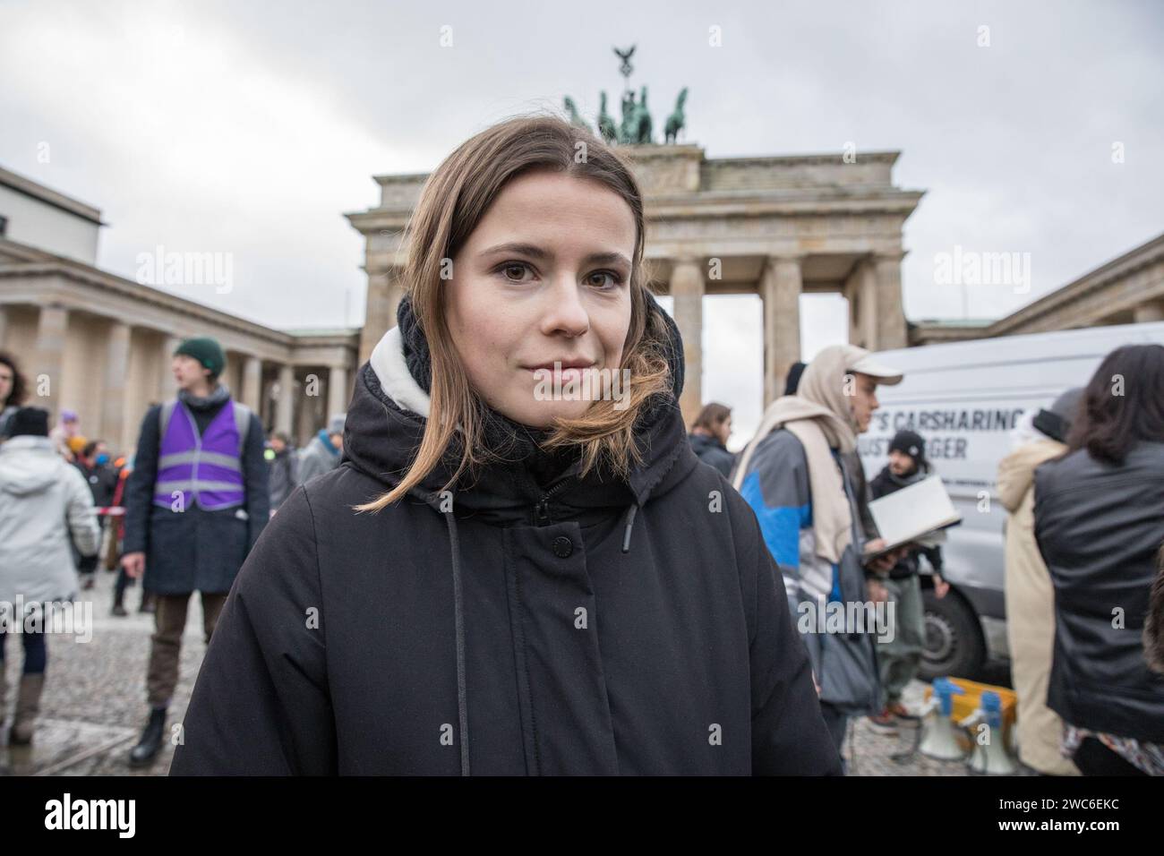 Berlin, Germany. 14th Jan, 2024. Luisa Neubauer delivered a speech at the protest. Neubauer, born on April 21, 1996, in Hamburg, is a prominent German climate activist and publicist known for leading Germany's Fridays for Future movement. As a significant figure in climate activism, Neubauer advocates for policies aligned with the Paris Agreement and has been a vocal proponent of Germany's transition from coal by 2030. Her Alliance 90/The Greens and the Green Youth membership reflects her deep commitment to environmental issues. In an unparalleled show of solidarity, the streets of Berlin on Stock Photo