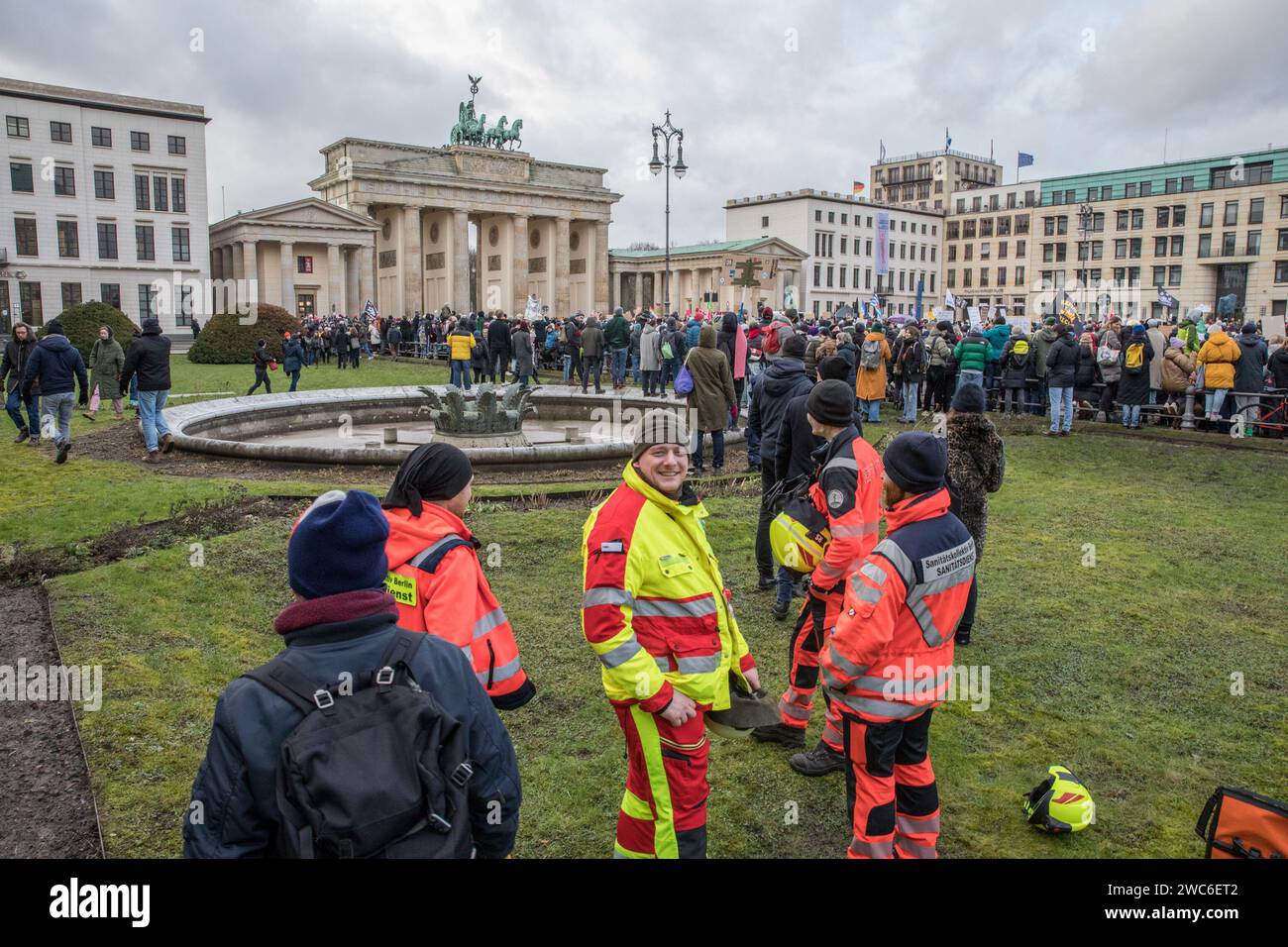 January 14, 2024, Berlin, Germany: In an unparalleled show of solidarity, the streets of Berlin on January 14, 2024, echoed with the voices of 25,000 protesters as they converged at Pariser Platz in the shadow of the iconic Brandenburg Gate. The demonstration, orchestrated by Fridays for Future Berlin and backed by an extensive coalition of civil society groups, NGOs, and activists, marked a decisive stand against right-wing extremism and a relentless defense of democratic values. Under the theme ''We Stand Together'' was a direct response to the chilling findings of an investigative report by Stock Photo