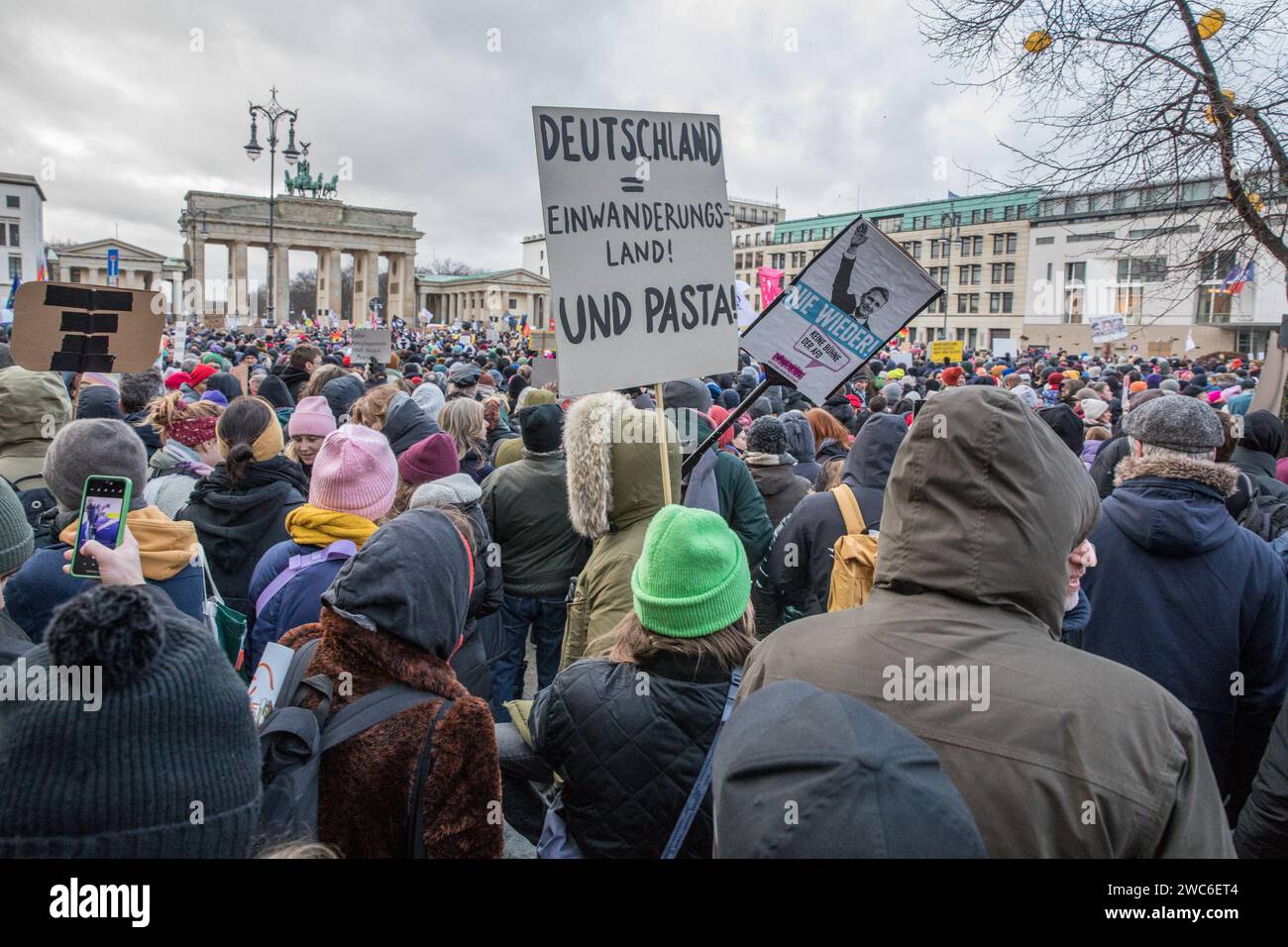 January 14, 2024, Berlin, Germany: In an unparalleled show of solidarity, the streets of Berlin on January 14, 2024, echoed with the voices of 25,000 protesters as they converged at Pariser Platz in the shadow of the iconic Brandenburg Gate. The demonstration, orchestrated by Fridays for Future Berlin and backed by an extensive coalition of civil society groups, NGOs, and activists, marked a decisive stand against right-wing extremism and a relentless defense of democratic values. Under the theme ''We Stand Together'' was a direct response to the chilling findings of an investigative report by Stock Photo