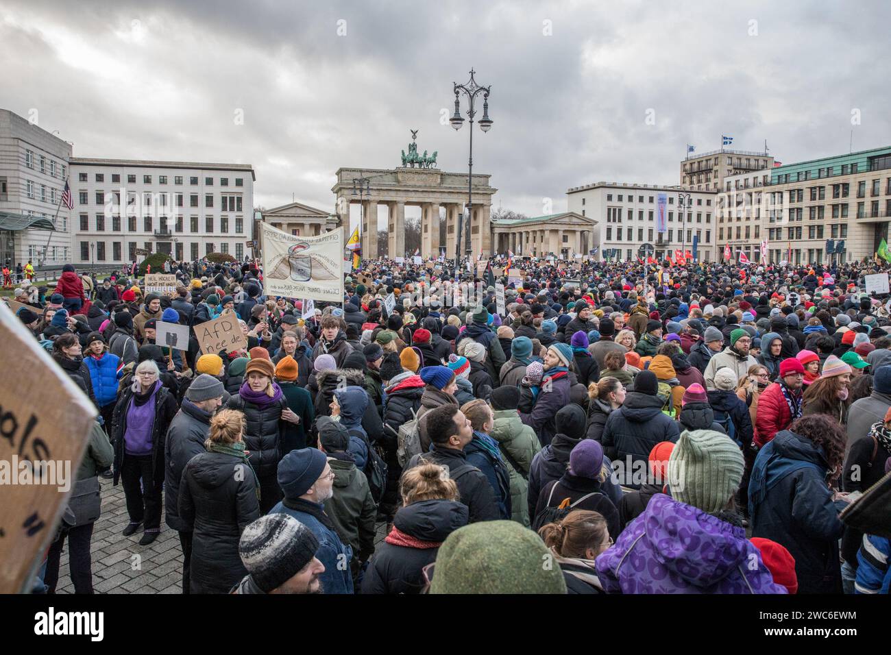 January 14, 2024, Berlin, Germany: In an unparalleled show of solidarity, the streets of Berlin on January 14, 2024, echoed with the voices of 25,000 protesters as they converged at Pariser Platz in the shadow of the iconic Brandenburg Gate. The demonstration, orchestrated by Fridays for Future Berlin and backed by an extensive coalition of civil society groups, NGOs, and activists, marked a decisive stand against right-wing extremism and a relentless defense of democratic values. Under the theme ''We Stand Together'' was a direct response to the chilling findings of an investigative report by Stock Photo