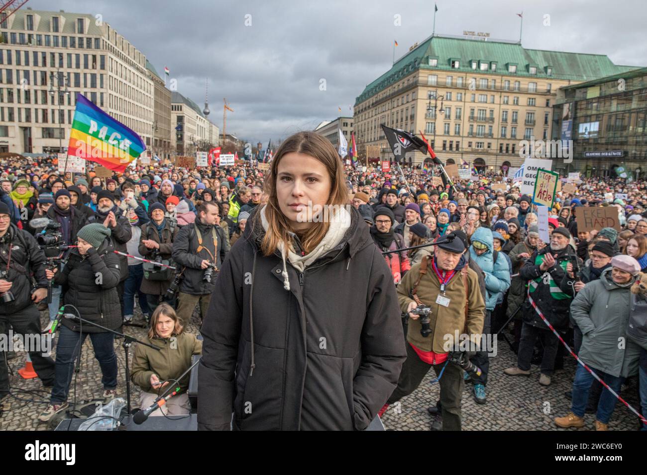 January 14, 2024, Berlin, Germany: Luisa Neubauer delivered a speech at the protest. Neubauer, born on April 21, 1996, in Hamburg, is a prominent German climate activist and publicist known for leading Germany's Fridays for Future movement. As a significant figure in climate activism, Neubauer advocates for policies aligned with the Paris Agreement and has been a vocal proponent of Germany's transition from coal by 2030. Her Alliance 90/The Greens and the Green Youth membership reflects her deep commitment to environmental issues. In an unparalleled show of solidarity, the streets of Berlin on Stock Photo