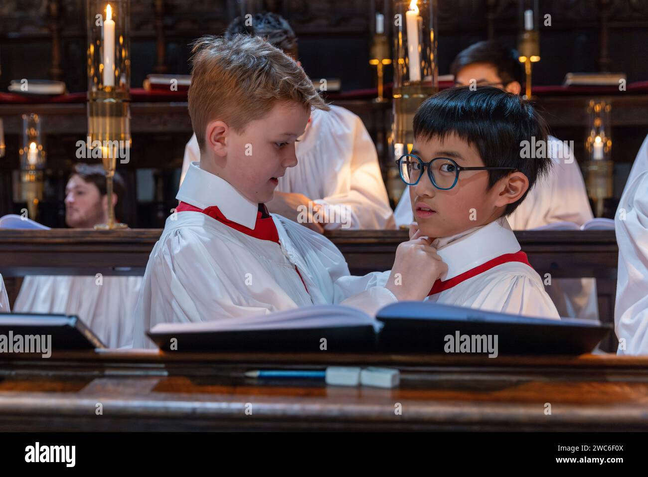 Picture dated December 7th shows choristers from the King’s College choir in Cambridge preparing the final rehearsal for the recording of the Christma Stock Photo