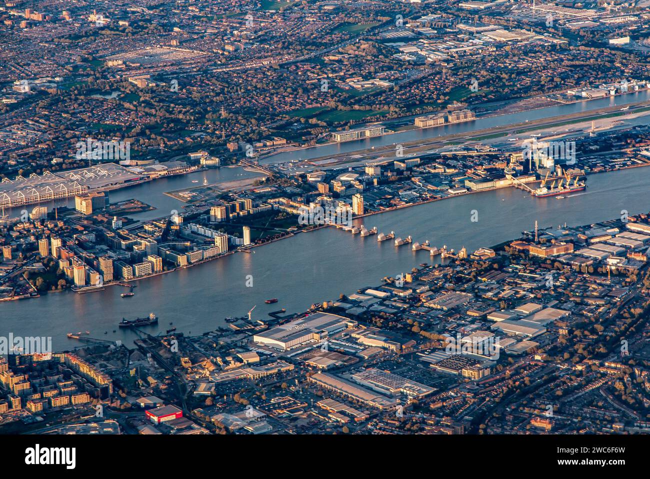 The Thames Barrier seen from above at dusk Stock Photo
