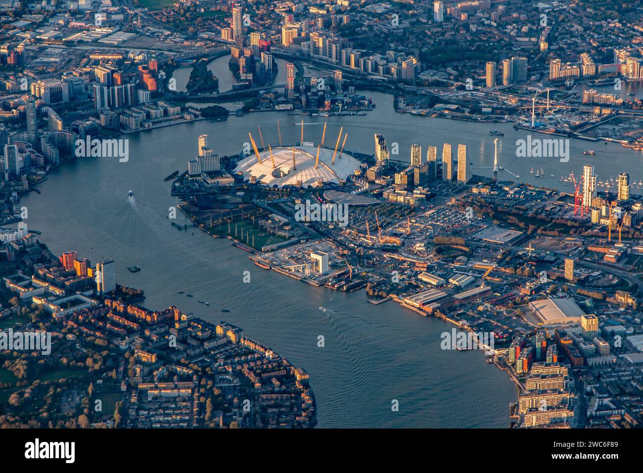 Canary Wharf and the Docklands from above at dusk Stock Photo