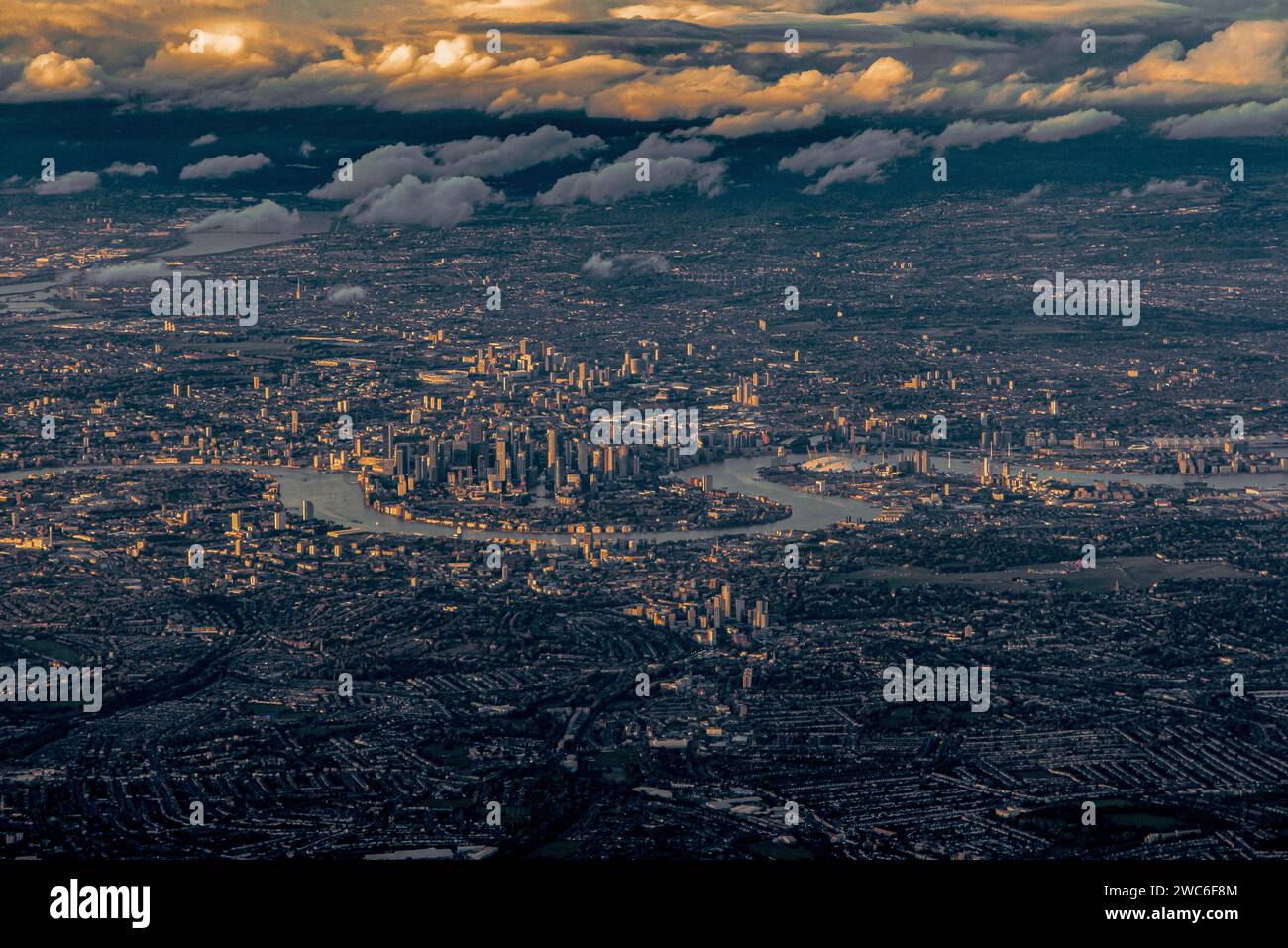 Canary Wharf, the Millenium Dome and the docklands on the Isle of Dogs, east London Stock Photo