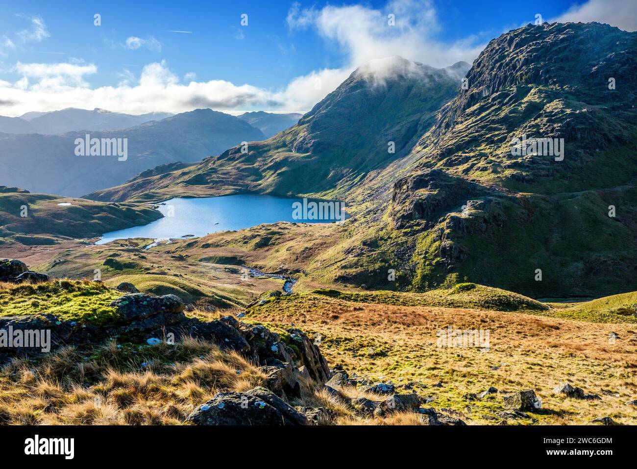 The Langdale Pikes and Stickle Tarn in the Lake District National Park, Cumbria, UK Stock Photo