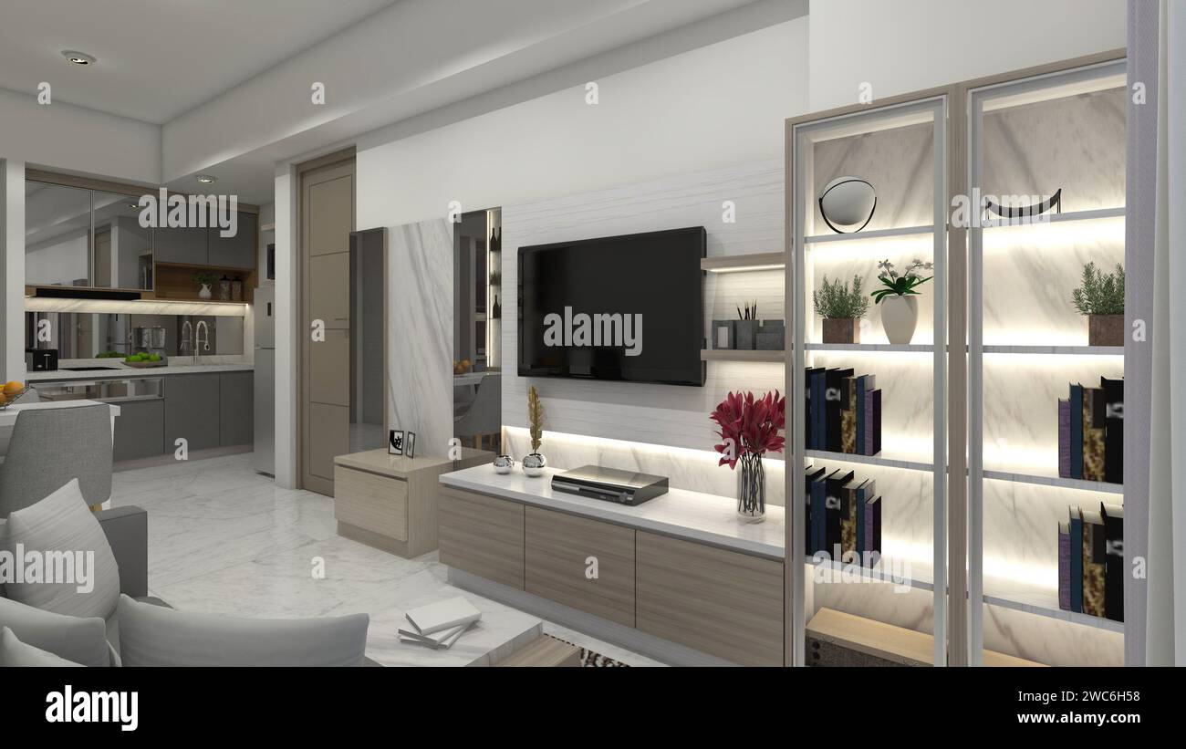 Modern and Minimalist Living Room Design with Display Cabinet and
