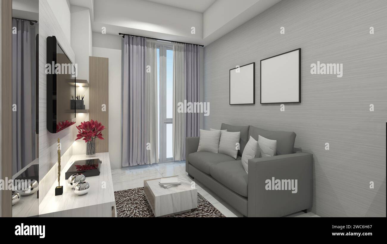 Interior Living Room Apartment Design with Tv Cabinet and Minimalist Sofa Stock Photo