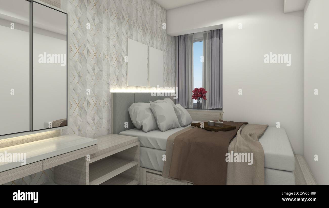 Minimalist Bedroom with Simple Headboard Cushion and Wooden Desk