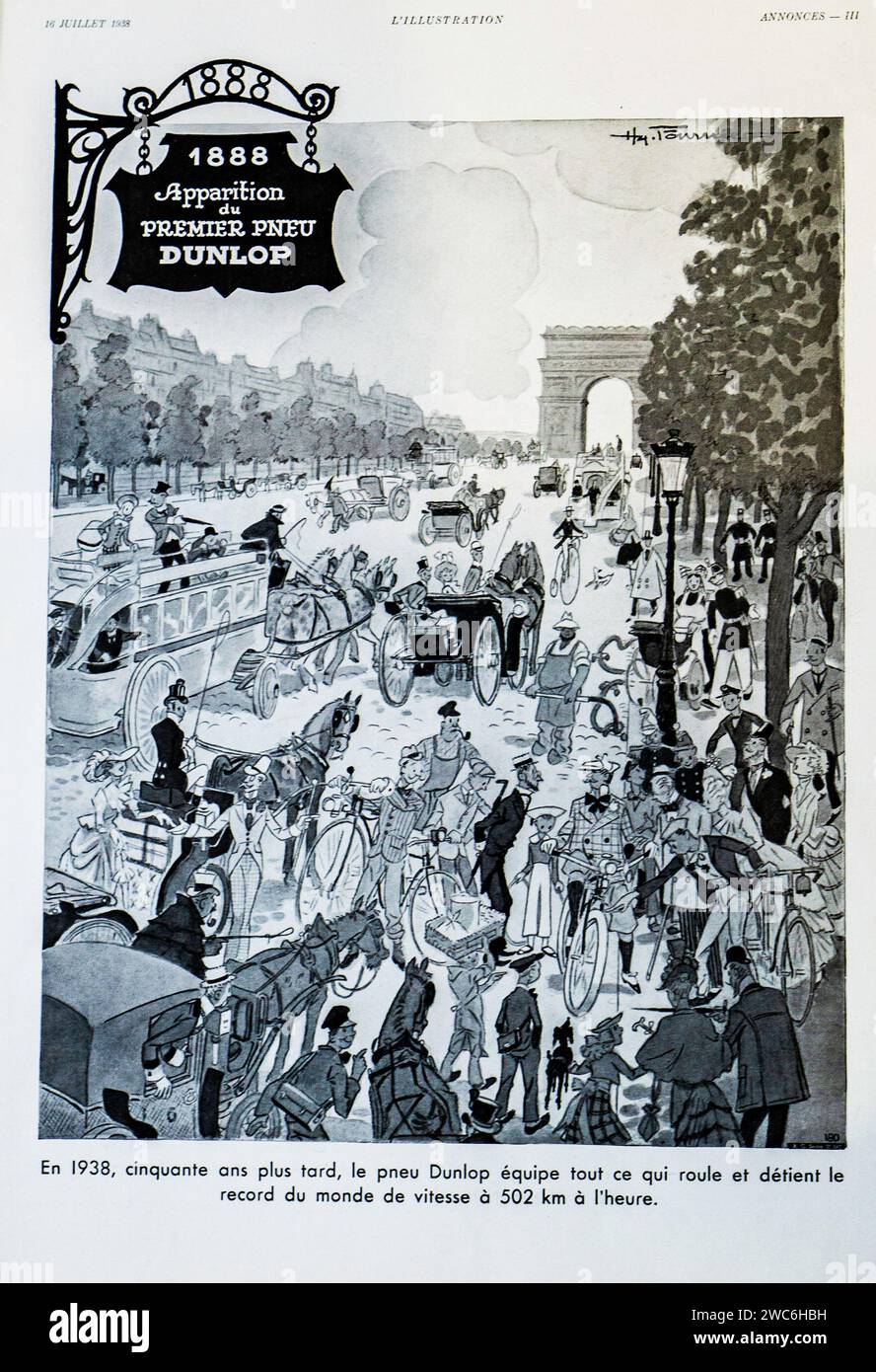 An intricate 19th-century illustration captures the historic moment of the debut of Dunlops pneumatic tire amidst the lively thoroughfare of Paris near the Arc de Triomphe, showcasing various modes of transportation. Stock Photo