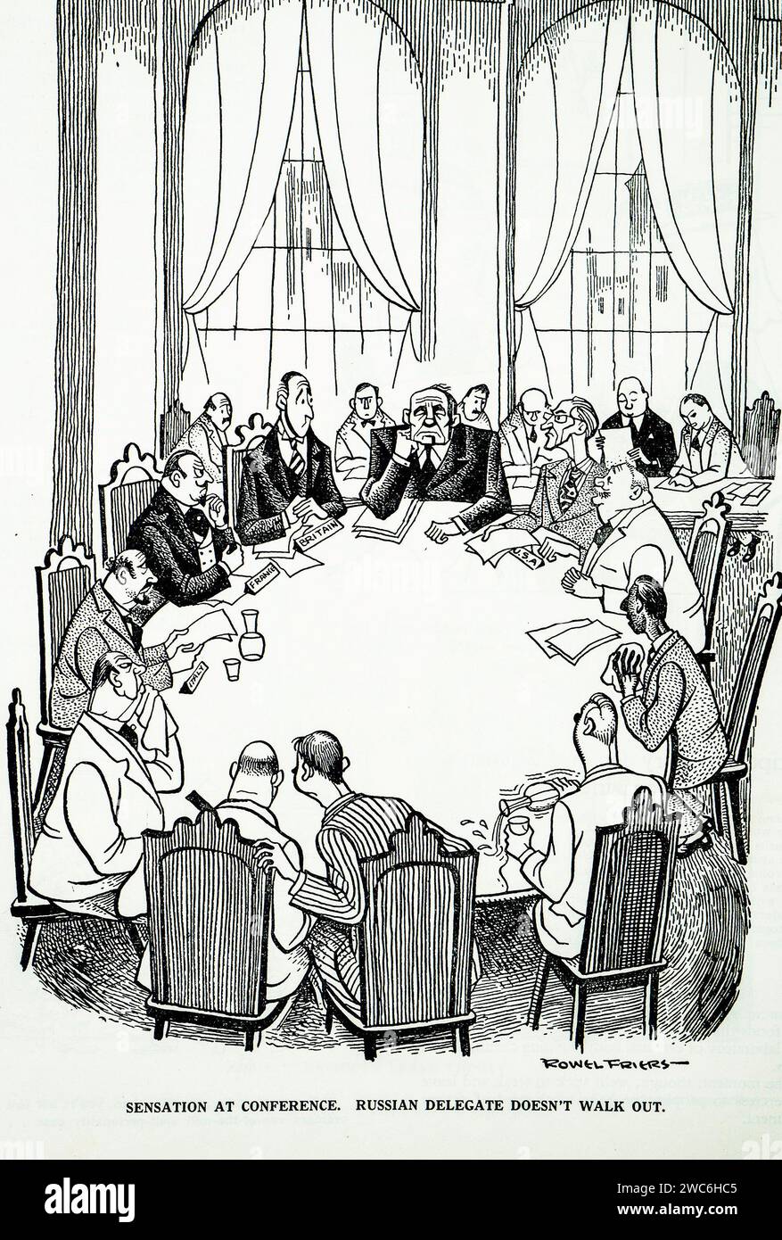 This Dublin Opinion Magazine vintage cartoon  captures a satirical moment where a conference of international delegates is taking place, and the caption humorously notes the Russian delegates presence. Stock Photo