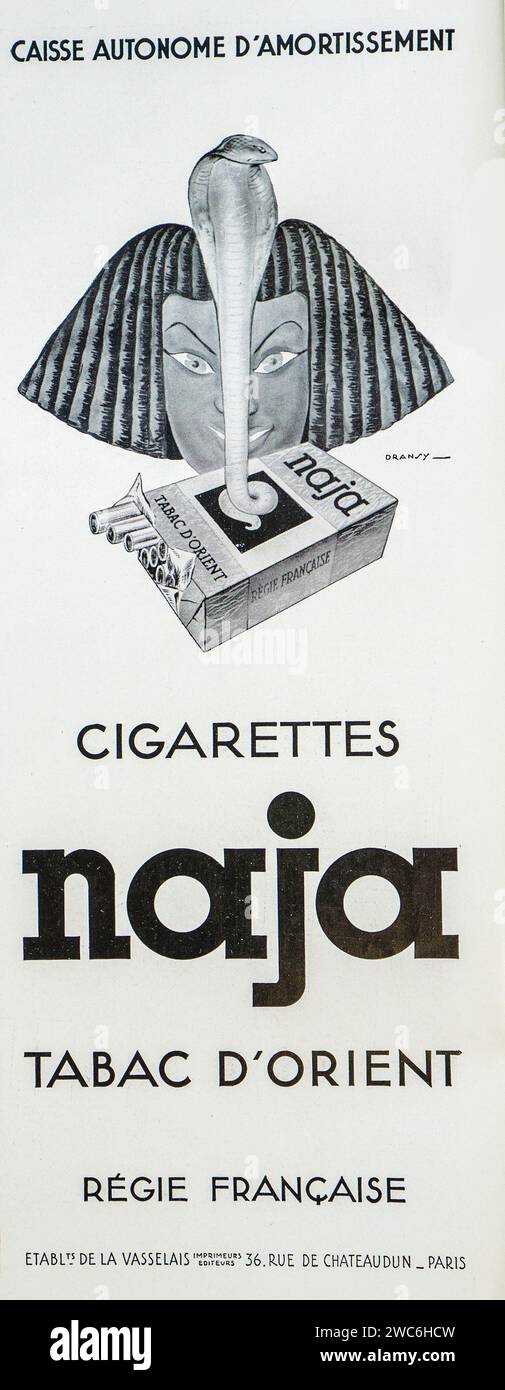This historical French poster advertises Naja Cigarettes, using stylized Orientalist graphics to evoke the allure of the East. Stock Photo