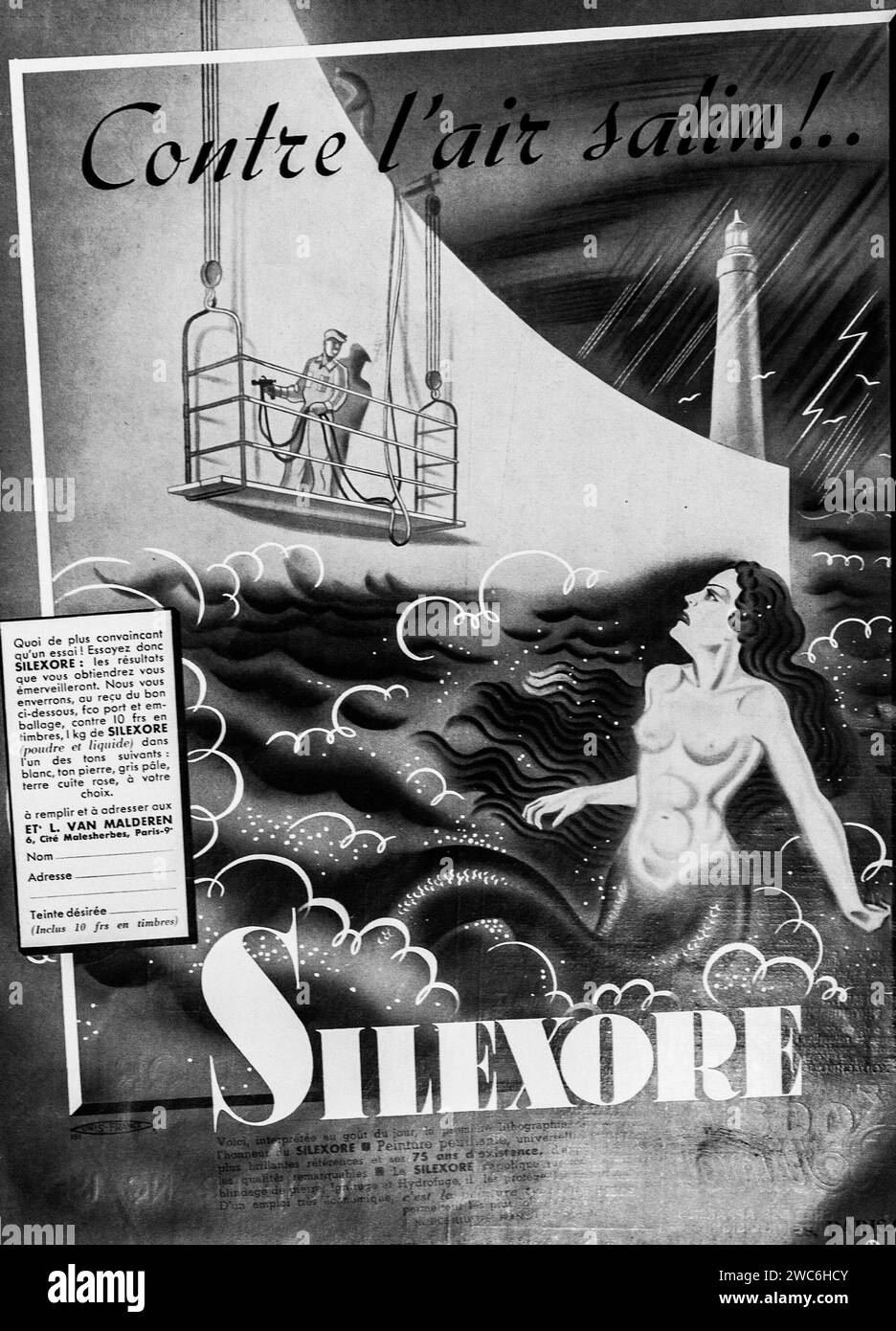 This 1930s  black and white poster advertises Silexore Paint with artwork that combines industrial and mythical sea elements, hinting at the products protective qualities. Stock Photo