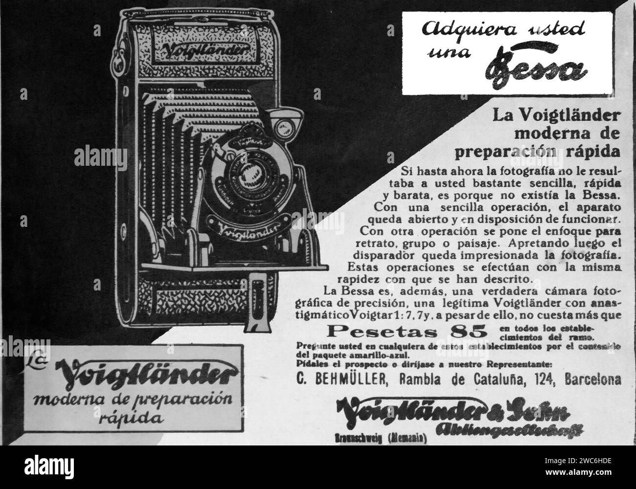 This 1930  image captures a historic advertisement for the Voigtländer camera, showcasing its design and features prominently. Stock Photo