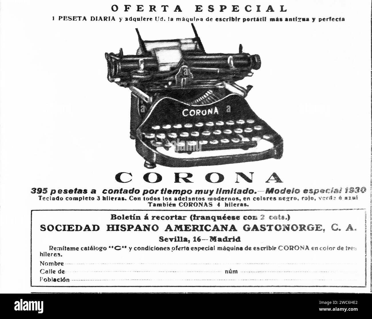 This 1930 image showcases an early-20th-century advertisement for a black Corona typewriter, listing pricing and a detailed illustration of the machine, with text in Spanish. Stock Photo