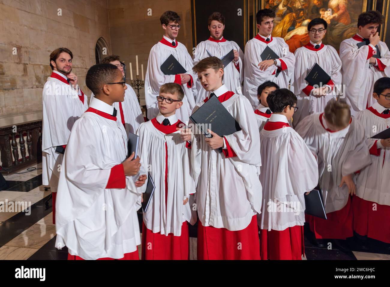 Picture dated December 7th shows choristers from the King’s College choir in Cambridge preparing the final rehearsal for the recording of the Christma Stock Photo