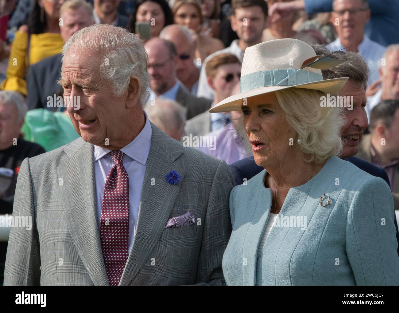 HM The King & HM The Queen at Doncaster Racecourse - St Leger 2023 - Desert Hero - Tom Marquand - William Haggas Stock Photo