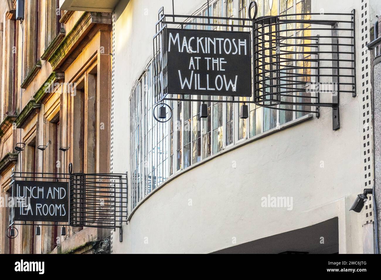 Wall signs outside the 'Macintosh at the Willow' tearooms, Sauchiehall Street, Glasgow, Scotland, UK. Stock Photo